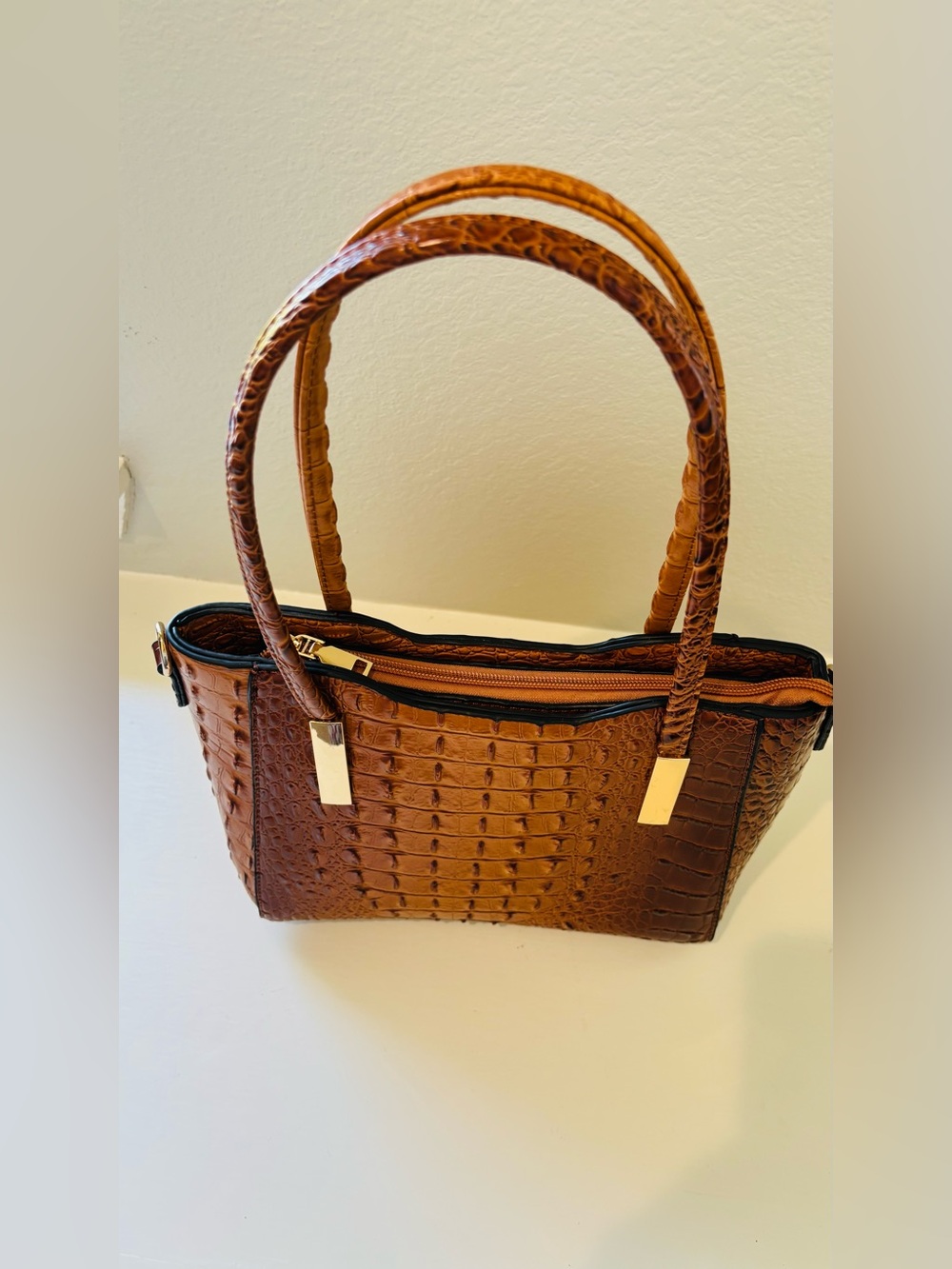 Croc-Embossed Shoulder Tote in Cognac Brown with Gold Accents and strap - Picture 11 of 15